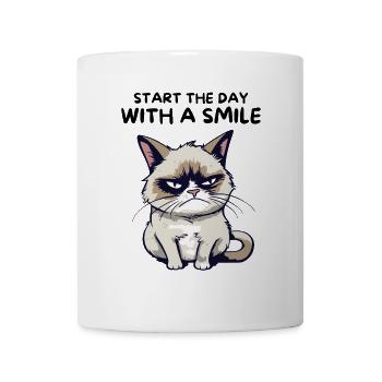 Start the Day with a Smile - Lustige Grumpy Katze - Tasse - Weiß - Vorne