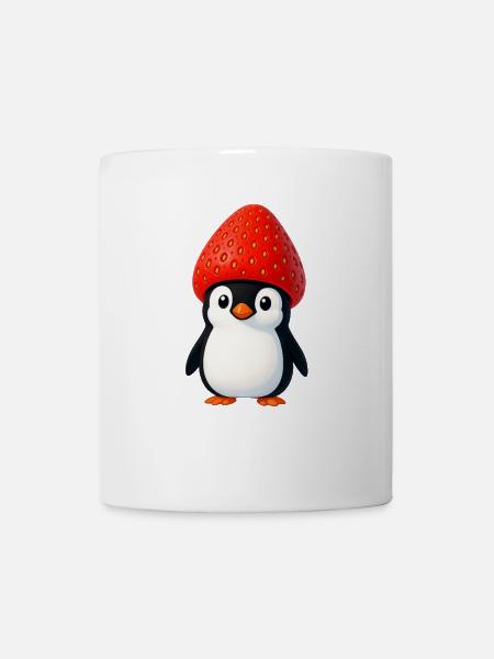 Lustiger Pinguin mit Erdbeere und Hut - Tasse - Weiß