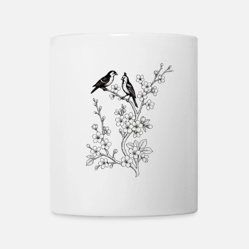 Oiseaux sur branche de cerisier - Mug blanc - blanc