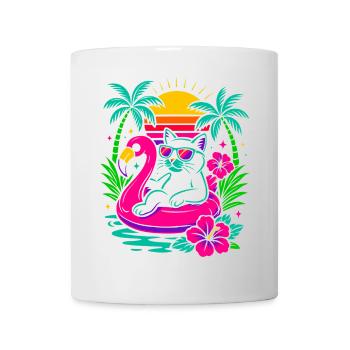 Chat d’été cool sur flamant rose - Look rétro - Mug blanc - blanc - Devant