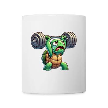 Exhausted turtle with dumbbell cartoon - Mug - white - Front