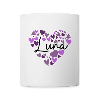 Luna Namensdesign mit herzförmigen lila Herzen - Tasse - Weiß - Vorne