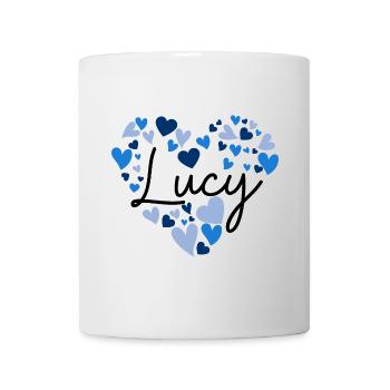 lucy Namensdesign mit herzförmigen blauen Herzen - Tasse - Weiß - Vorne