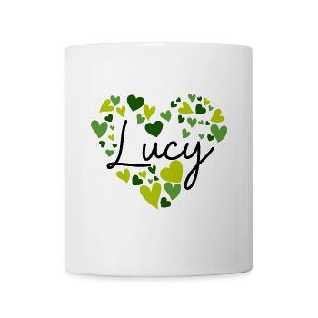 lucy Namensdesign mit herzförmigen grünen Herzen - Tasse - Weiß - Vorne