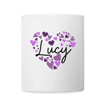 lucy Name Design avec des cœurs violets en forme de cœur - Mug blanc - blanc - Devant