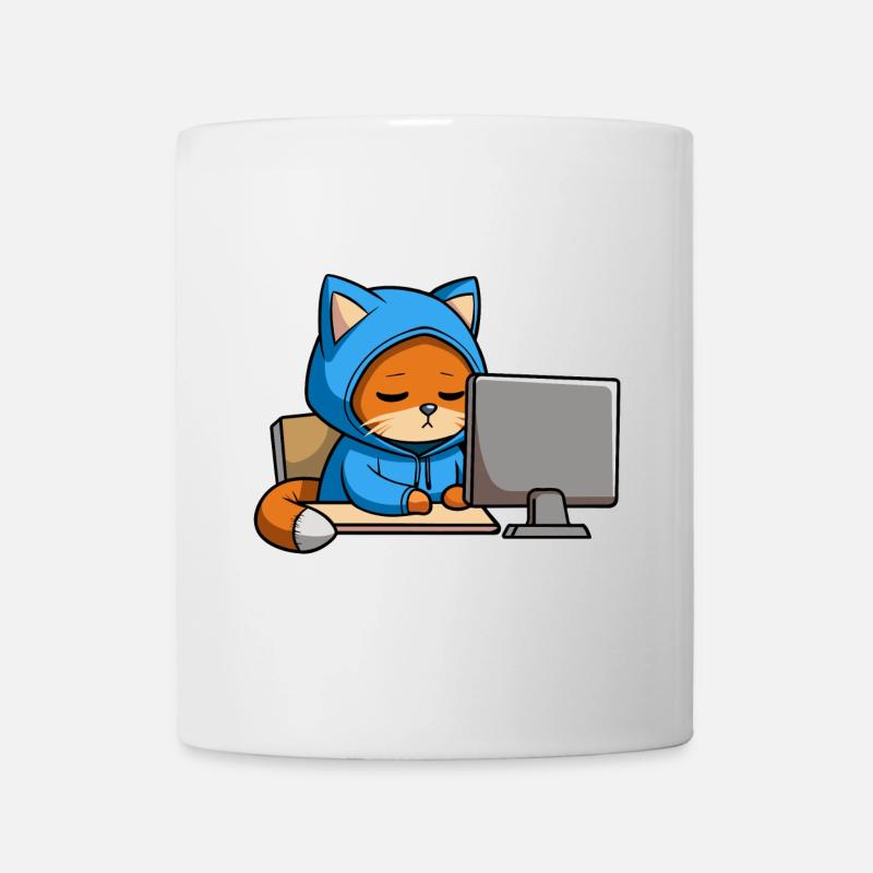 Cute hacker cat sleeps in a hoodie in front of the PC - Mug - white
