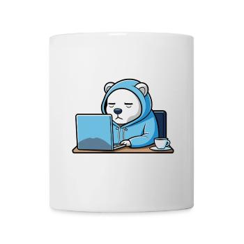 Cute hacker polar bear sleeps in a hoodie in front of the PC - Mug - white - Front
