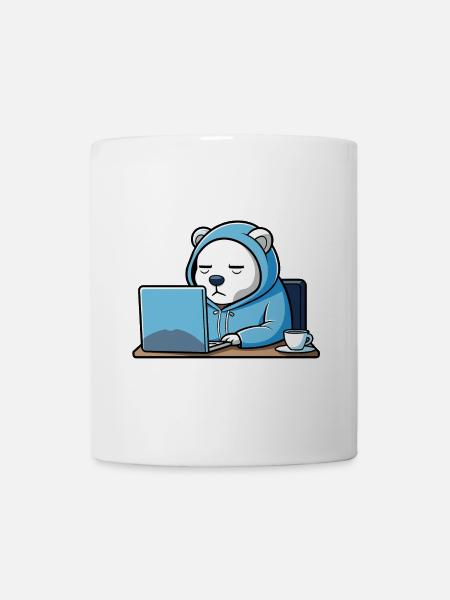 Un ours polaire hacker mignon dort dans un sweat à capuche devant le PC - Mug blanc - blanc