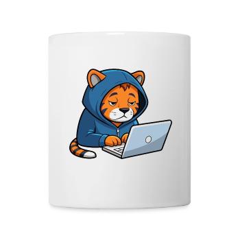 Niedlicher Hacker Tiger schläft im Hoodie vorm PC - Tasse - Weiß - Vorne