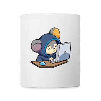 Cute hacker mouse sleeps in a hoodie in front of the PC - Mug - white - Front