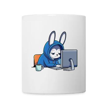 Niedlicher Hacker Hase schläft im Hoodie vorm PC - Tasse - Weiß - Vorne