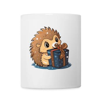 Cute hedgehog unwraps gift - Mug - white - Front