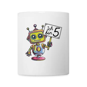 Fünf Jahre 5. Geburtstag kleiner bunter Roboter - Tasse - Weiß - Vorne