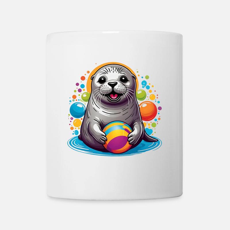 Lachender Seehund Robbe mit buntem Ball - Tasse - Weiß