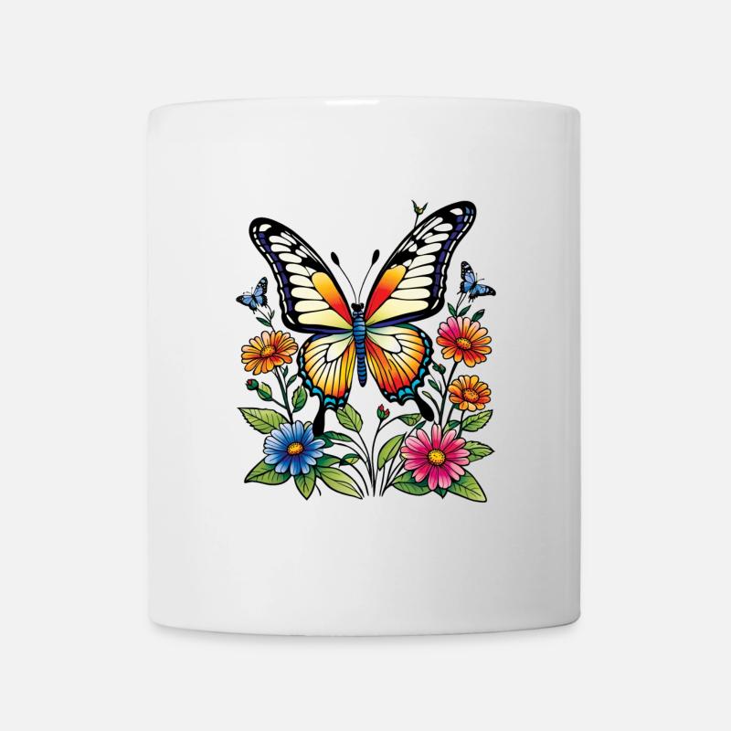 schmetterling mit Buntenblumen, Butterfly - Tasse - Weiß