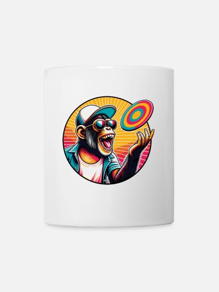 Schimpanse mit Sonnebrille, Basecap und Frisbee - Tasse - Weiß