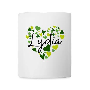 Lydia Namensdesign mit herzförmigen grünen Herzen - Tasse - Weiß - Vorne