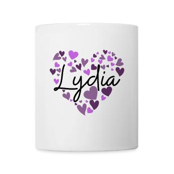 Lydia Namensdesign mit herzförmigen lila Herzen - Tasse - Weiß - Vorne