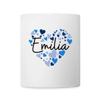 Emilia Namensdesign mit herzförmigen blauen Herzen - Tasse - Weiß - Vorne