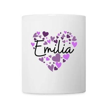 Conception du nom Emilia avec des cœurs violets en forme de cœur - Mug blanc - blanc - Devant