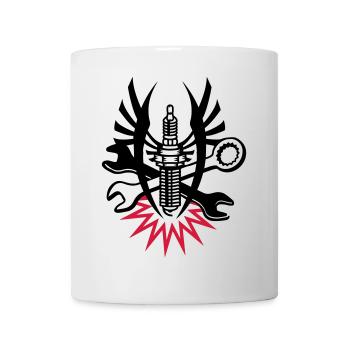 A spark plug with two wrenches - Mug - white - Front