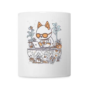 Kawaii Katze am gemütlichen Schreibtisch - Tasse - Weiß - Vorne
