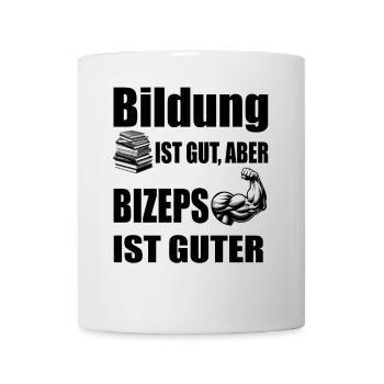 Stärke durch Wissen - Muskulöser Arm und Büchersta - Tasse - Weiß - Vorne