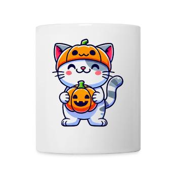 Chat d’Halloween fantaisiste avec citrouille et chapeau - Mug blanc - blanc - Devant