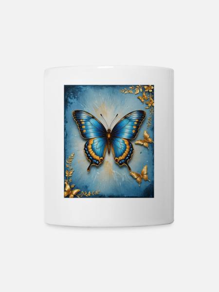 Azurblauer Schmetterling mit Goldakzenten - Tasse - Weiß