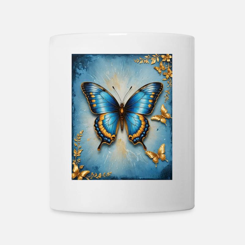 Azurblauer Schmetterling mit Goldakzenten - Tasse - Weiß