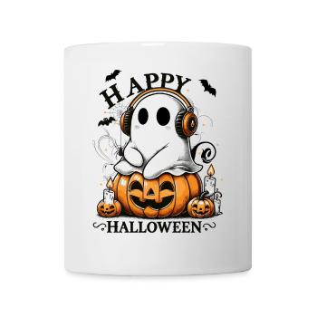 cool ghost with headphones on halloween pumpkin - Mug - white - Front