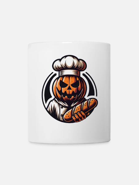 Citrouille d’Halloween avec chapeau de boulanger et pain - Mug blanc - blanc