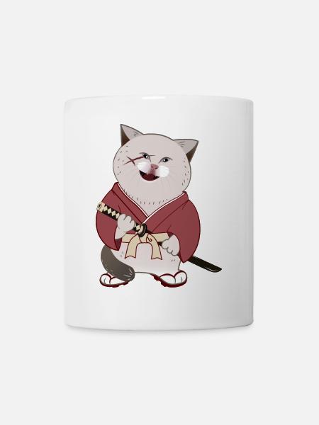 Süße mollige Samurai-Katze mit Katana - Tasse - Weiß