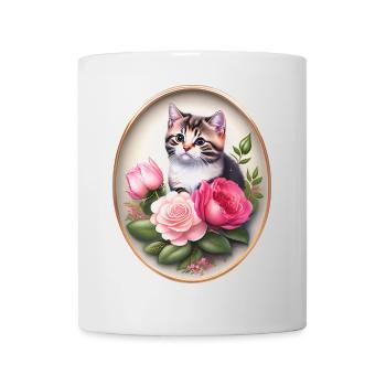 Vintage Katzenportrait mit Rosen - Tasse - Weiß - Vorne