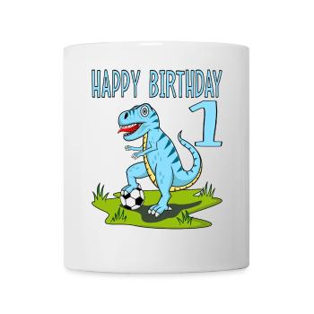 Dinosaurier Rex Fußball 1 Happy Birthday Blau - Tasse - Weiß - Vorne