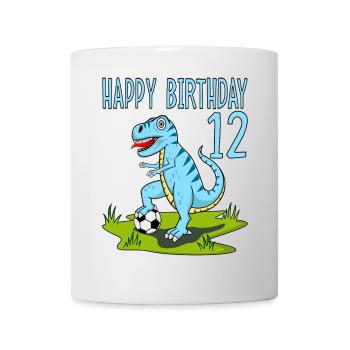 Dinosaurier Rex Fußball 12 Happy Birthday Blau - Tasse - Weiß - Vorne