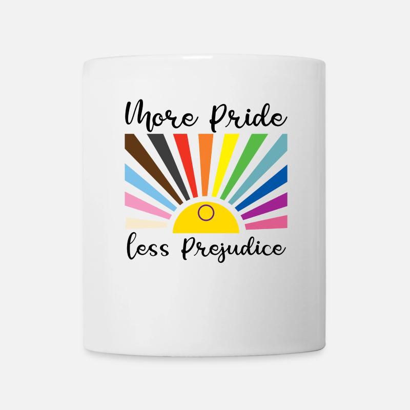 Mehr Stolz, weniger Vorurteile – Regenbogen - Tasse - Weiß