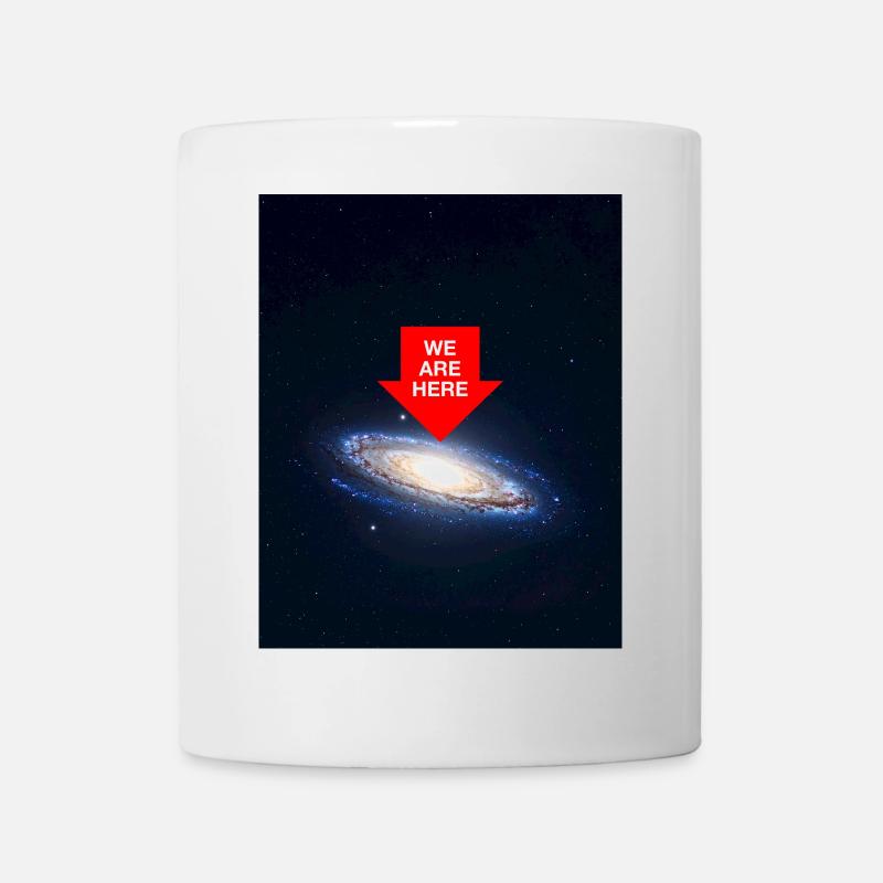 Galaxy with "We Are Here" – Cosmically small, thought - Mug - white