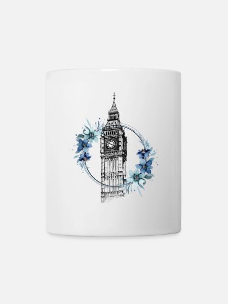 London Big Ben England Blumen Line Art Kunst - Tasse - Weiß