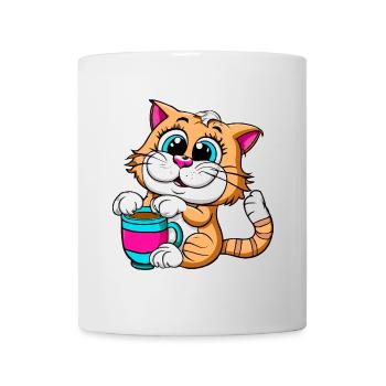Süße Katze mit großen Augen und Kaffeetasse - Tasse - Weiß - Vorne