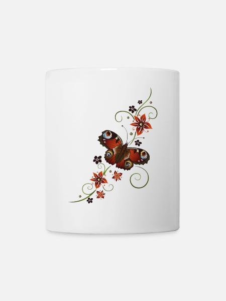 Peacock butterfly with floral ornament - Mug - white