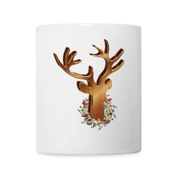 Hirschkopf in Holz Optik mit Weihnachtskranz - Tasse - Weiß - Vorne