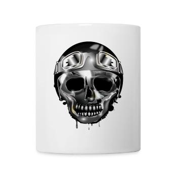Chrome Skull with Retro Motorcycle Helmet and Goggles - Mug - white - Front