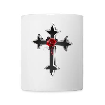 schwarz silberfarbenes Gothic Kreuz mit roter Rose - Tasse - Weiß - Vorne