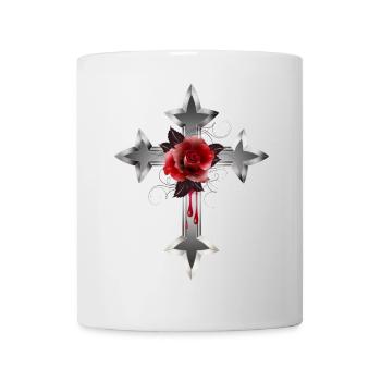 ausdrucksstarkes Gothic Kreuz mit roter Rose - Tasse - Weiß - Vorne