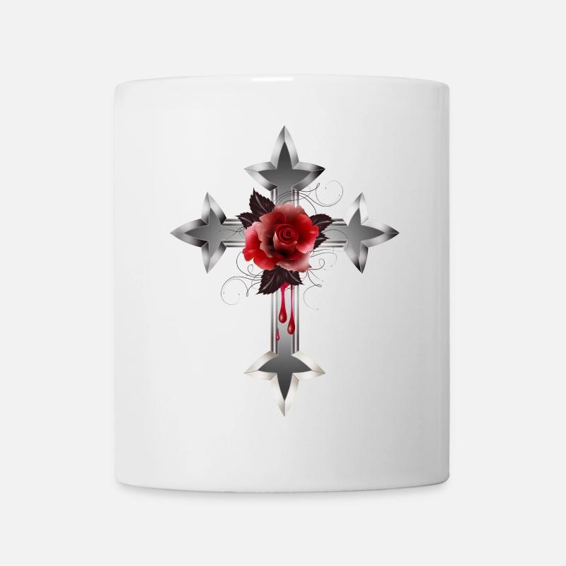 expressive gothic cross with red rose - Mug - white