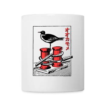 Une mouette assise sur une borne dans le style des gravures sur bois - Mug blanc - blanc - Devant