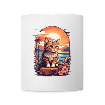 Retro Sunset Beach, Sonnenuntergangskatze am Meer - Tasse - Weiß - Vorne