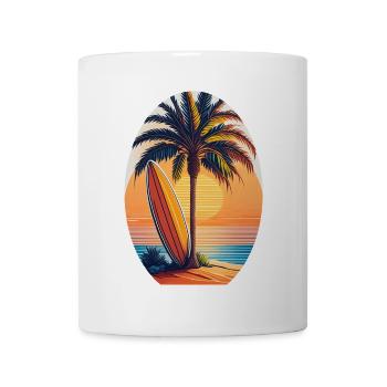 Palm tree with surfboard on the beach at sunset - Mug - white - Front