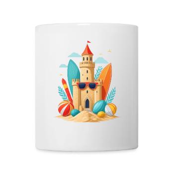 Summer holiday on the beach with sandcastle and surfboard - Mug - white - Front